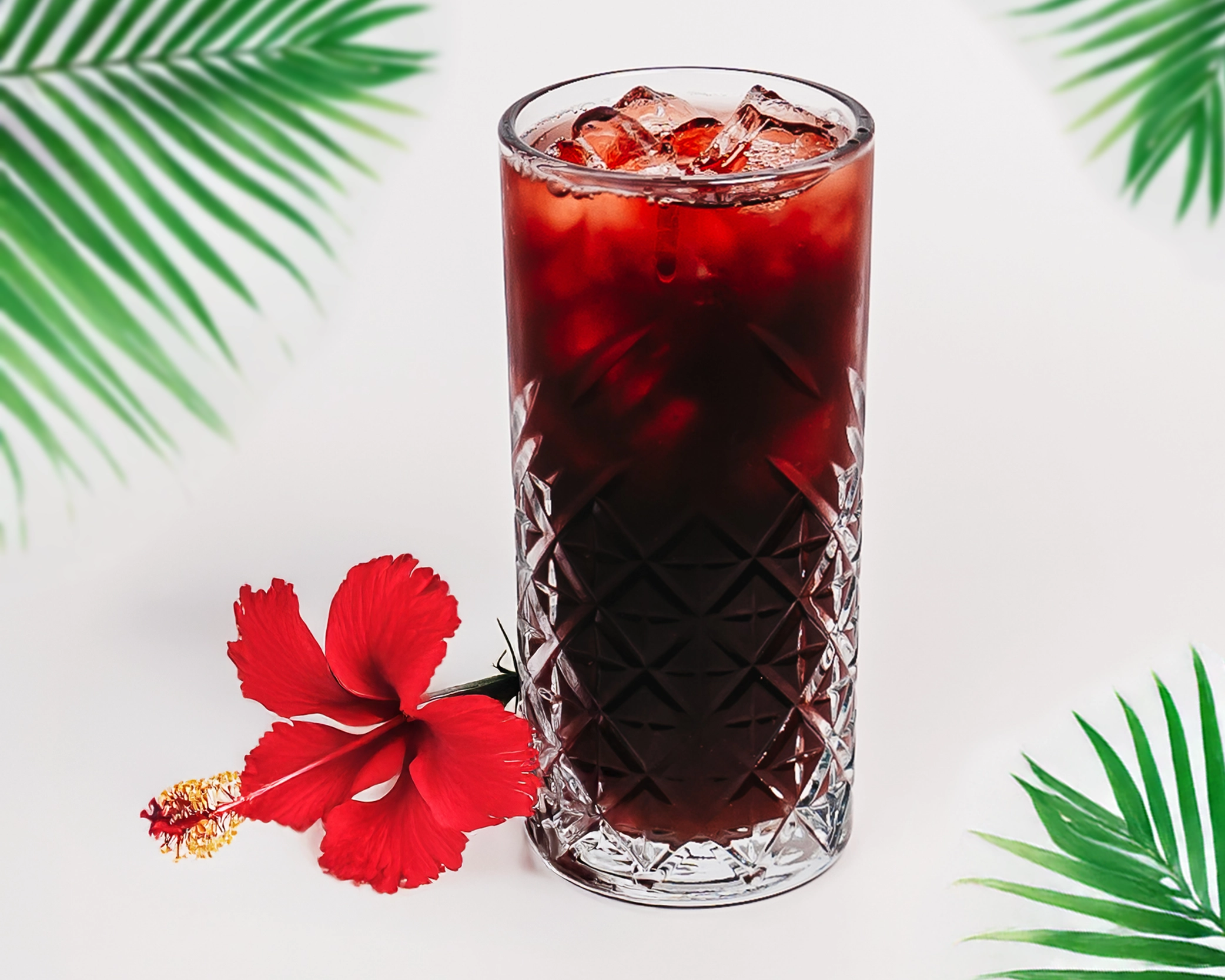 Tall glass of iced hibiscus drink, stylized with a red hibiscus flower and tropical leaves.